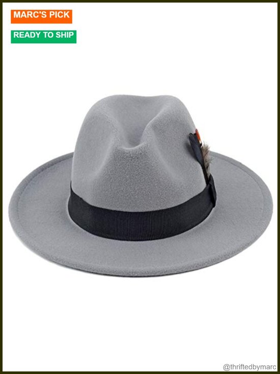 Classic Wide Brim Felt Fedora Hat with Feathers, Unisex Adjustable